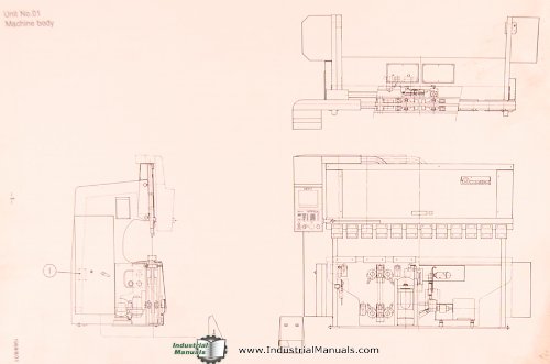 Technical drawing showing various views of the Amada Multiple Axis Gauging System machine body. The drawing includes a top-down view, un front view, și o latură view, with some components labeled with numbers for identification.