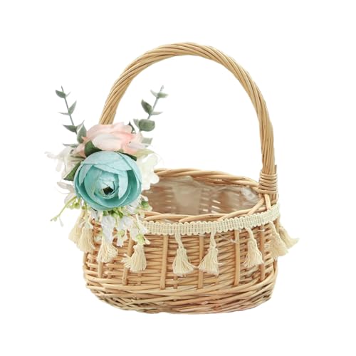 Rattan Woven Flower Girl Basket for Wedding,Handwoven Small Rustic Flower Girls Basket with Handle and Artificial Lace Flowers,Wicker Storage Baskets for Home Wedding Birthday Decor