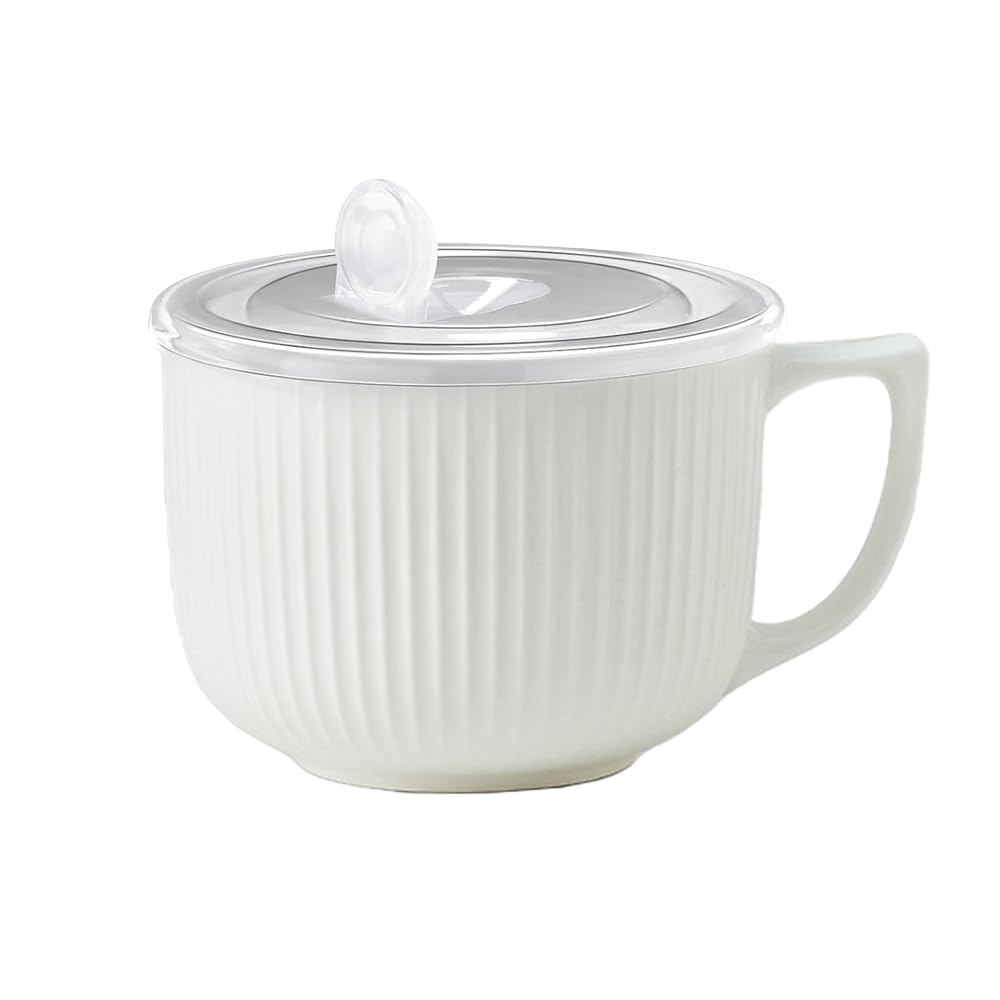 Kongming 900mL Soup Bowl,Ceramic Soup Mug,Microwave Mug with Lid,Large Porridge Bowls with Handle,Microware Cup Containers for Ramen,Noodle,Oatmeal,Yogurt,Cereal,Salad,Breakfast (White)