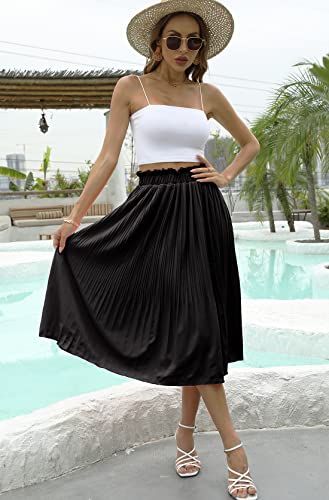 Naggoo Black Skirts For Women Casual High Elastic Waisted Pleated Swing Midi Skirt With Pockets Solid Color Large thumb #3