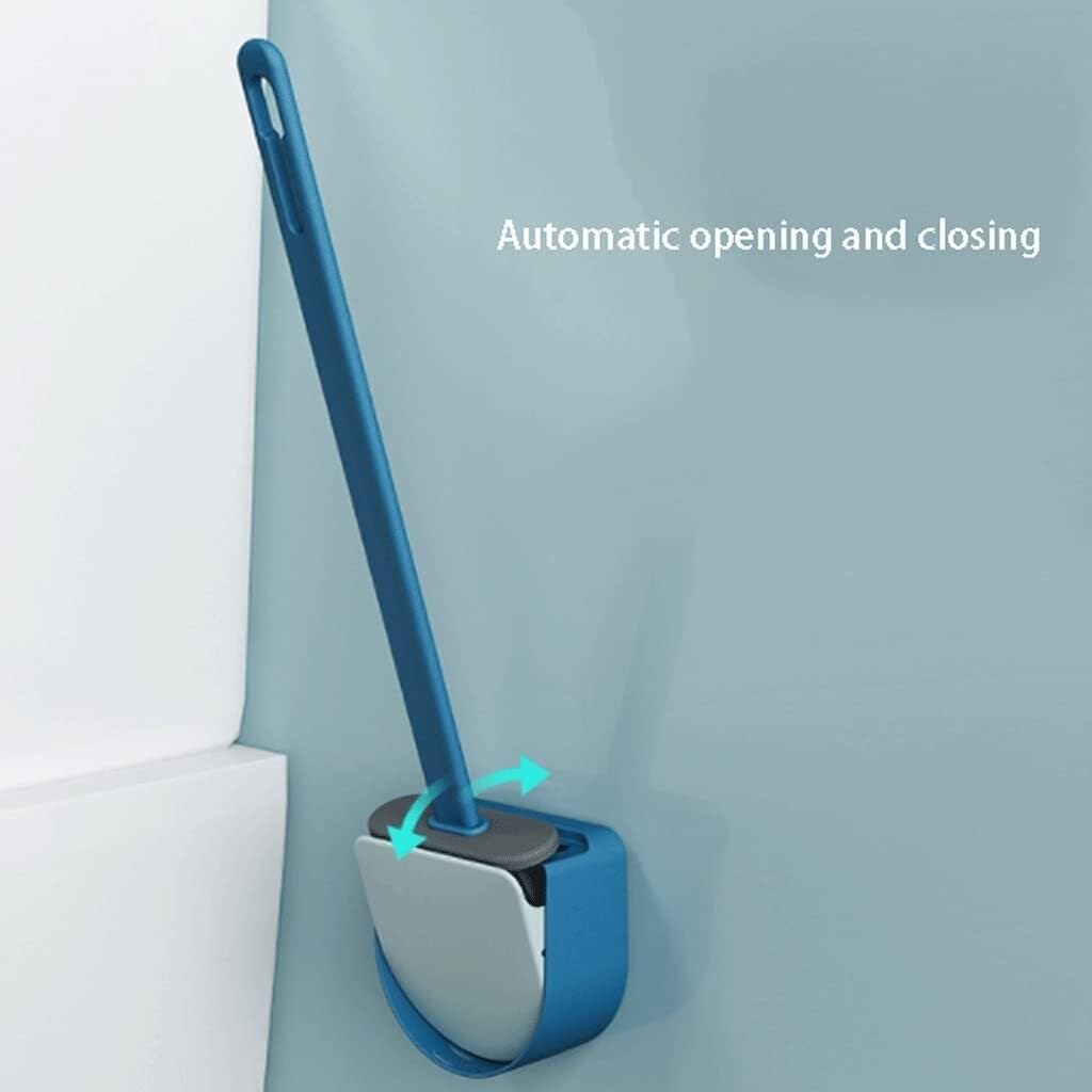 Toilet Brush Creative Semi-Automatic Opening and Closing Toilet Bowl Brush Long Handled Scrub Brushs Holder Set(Blue)