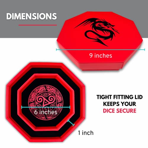 Luck Lab 8 Inch Dice Tray – Red - With Lid And Dice Staging Area For Rpg Table Top Gaming- Dragon Design #TOP4