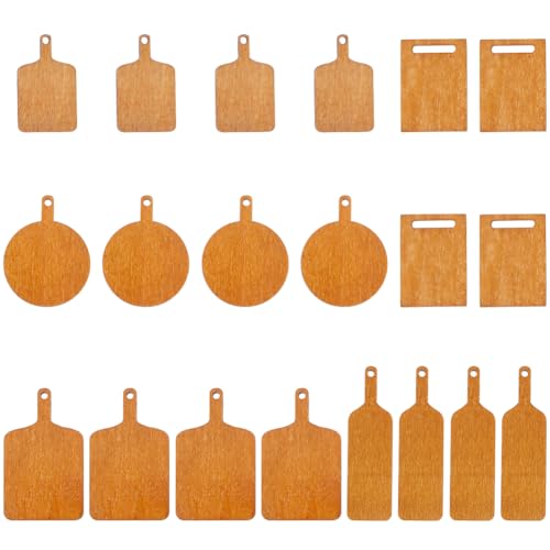 Juego de 20 tablas de cortar miniatura para casita de muñecas GORGECRAFT: 5 estilos (redondas, rectangulares y cuadradas), de madera natural sin acabado, con mango miniatura 7