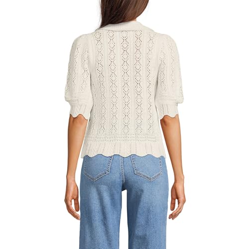 Lands' End Women's Lace Pointelle Puff Sleeve Cardigan Sweater Medium Fresh Ivory2