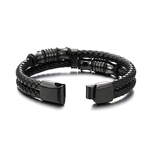COOLSTEELANDBEYOND-Mens-Double-Row-Black-Braided-Leather-Bracelet-Bangle-Wristband-with-Black-Stainless-Steel-Ornaments COOLSTEELANDBEYOND Mens Double-Row Black Braided Leather Bracelet Bangle Wristband with Black Stainless Steel Ornaments