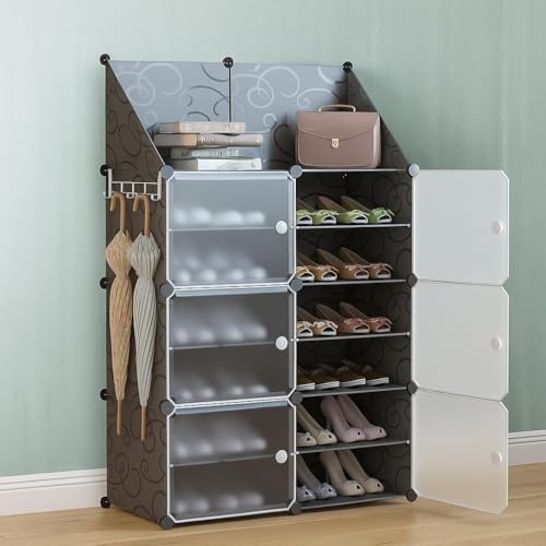 Image of LUVHOMEE Plastic Shoe Rack for Home with Door, 6-Door Shoe Storage Cabinet | 12-Shelfs for 24 Pairs | Waterproof & Portable DIY Shoe Slipper & Chappal Stand for Entryway /Bedroom (White-Y4)