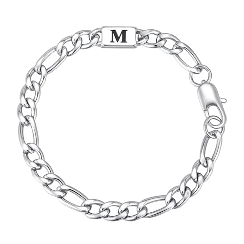 Gamtic Bracelet Gourmette Homme Initiale Argent - Acier Inoxydable Chaîne Bracelet avec Lettres A...