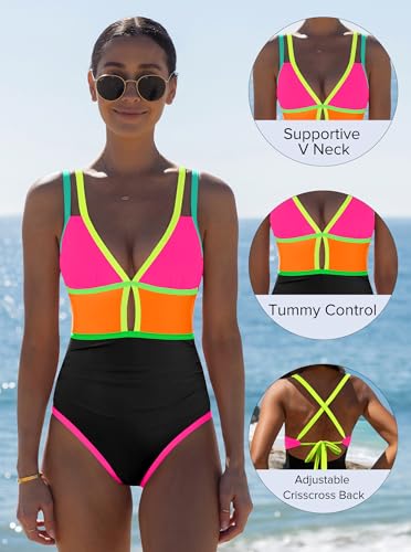 Image of popvil Women One Piece Swimsuit 2026 Tummy Control Sexy Cutout Neon Color Block Bathing Suit Slimming Adjustable Swimwear