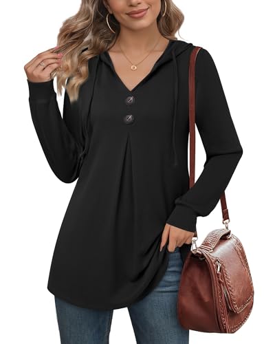 Image of Lotusmile Women's Long Sleeve Hooded Tunic Tops Button Swing Pullover Hoodie Sweatshirts