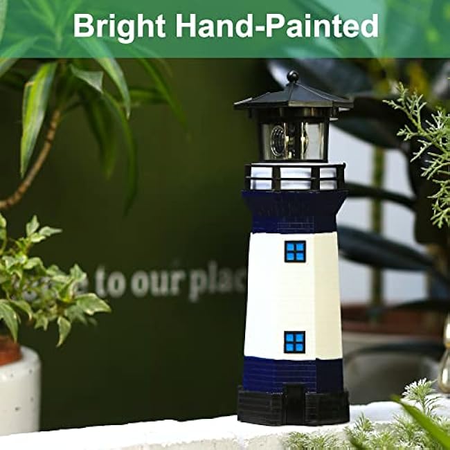 Lighthouse with Rotating Beacon LED Lights - Solar Lighthouse Lamp Outdoor Decorative for Garden Patio Well Cover Gifts(Blue2)