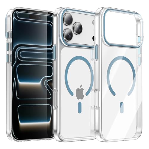 Coque magnetique transparente iPhone 17 et 16 Pro Max bleue anti-choc