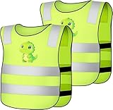 AYBUY 2er Warnweste Kinder, Warnwesten Auto, Reflektierende Jacke Kinder, Warnwesten Auto mit 360° Reflektierendes Band, Sicherheitsweste Kinder für Schulen, Sport, Laufen (Dinosaurier Muster)