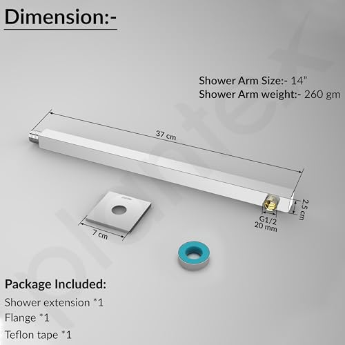 Image of Plantex 14-Inch Shower Arm for Overhead Shower /Stainless Steel Shower Pipe /Wall Mount Bathroom Fitting with -Inch Thread - Pack of 1 (Chrome)