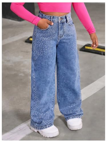 WDIRARA Girl's Rhinestone High Waisted Wide Leg Jeans Baggy Denim Pants with Pockets4