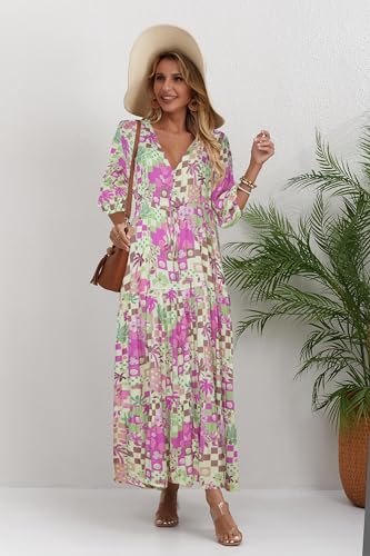 Image of Women Short Sleeve V Neck Floral Print Casual Bohemian Maxi Dresses