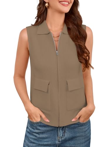 Womens Sweater Vest Sleeveless Zip Up Knitted Tank Tops Lapel Collar Jackets with Pockets Business Casual Outfits