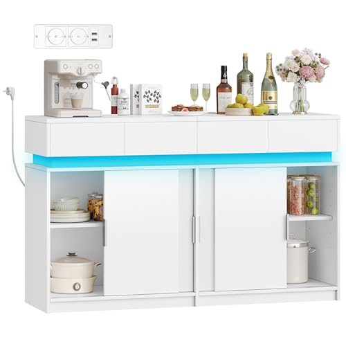 Hzuaneri Meuble Cuisine à 4 Tiroirs, Buffet à 4 Portes Coulissantes, Meuble de Rangement avec Multiprise et Lampe à LED, Étagères Réglables, Cuisine,...