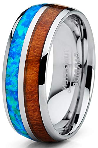 Metal Masters CO. Men's Tungsten Carbide Wedding Band Ring Blue Simulated Opal Real Koa Wood Inlay Comfort-Fit 8MM2