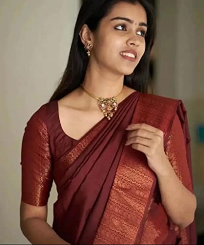 Image of Flosive Women's Present Banarasi Soft Lichi Silk Saree Beautiful Jacquard Rich Pallu Design Work Zari Woven Kanjivaram Silk Style Saree Induja Copper With Soft Lichi Silk Blouse Piece