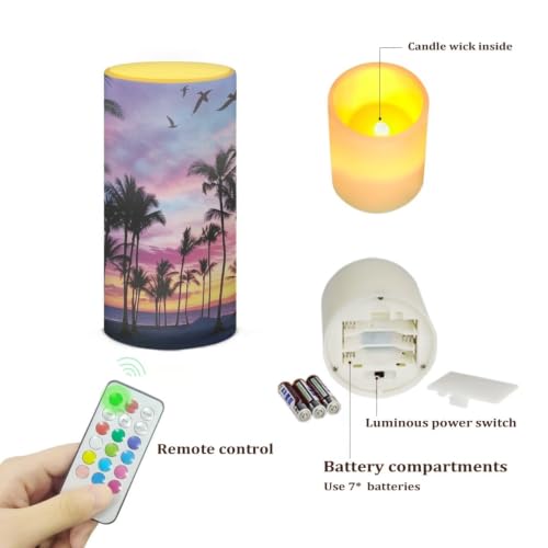 Image of Poceacles Flameless Light Candles Battery Operated Candles with Color Changing Timer Remote Control Tealights for Home Beach Dinner Party Banquet Decor, Beach Palm Tree Sunset Pattern Violet Blue