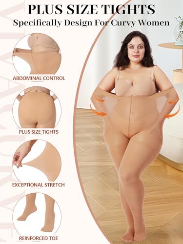 Image of Plus Size Opaque Tights for Women 240D Soft Solid Color Footed High Waist Control Top Pantyhose