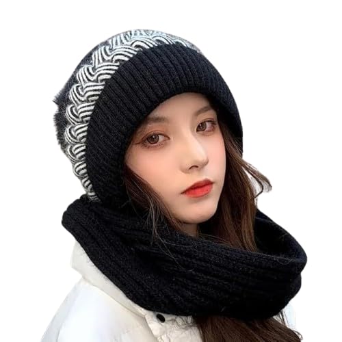 2 in 1 Windproof Scarf With Cap Integrated Ear Guard Hat Plus Velvet, Winter Warm Stole Soft Knitted Beanie Hats Scarf- Fur Cap with Stylish Muffler Woolen Caps for Women & Girls