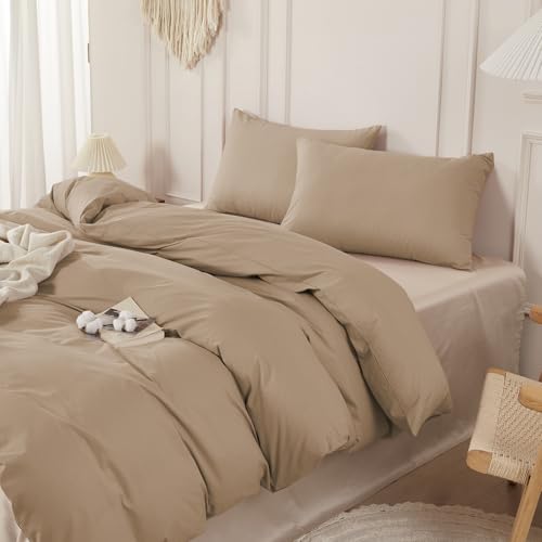 SAPHREAS Khaki Color Duvet Cover Set 100% Washed Cotton King Size 3Pcs Modern Solid Bedding Soft Comforter Cover Set 1 Duvet Cover with Zipper 2 Pillow Shams, Comforter Not Included