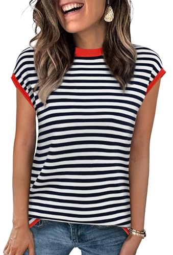 Cap Sleeve Tops for Women Summer Striped Short Sleeve Sweater Top Crew Neck Sleeveless Vest Spring Going Out Shirts