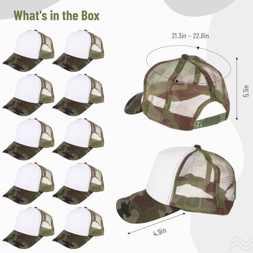 10 PCS Sublimation Blank Trucker Hats Plain Baseball Caps Adjustable Back Strap Unisex Mesh Caps Men Women DIY (Cotton, Camouflage)