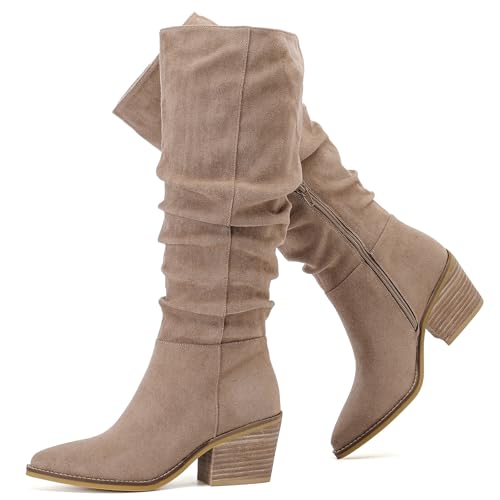 Women's Knee High Boots, Wide Calf Chunky Block Low Heel and Slouchy Pointed Toe Winter Long Boots for Women.