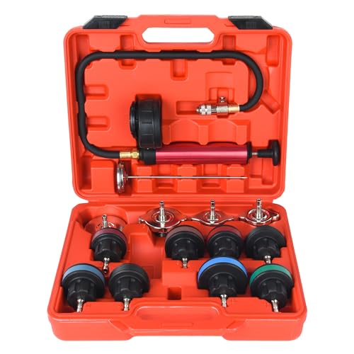 WUODAO 14pcs Automotive Cooling System Tester Radiator Pump Pressure Leak Tester Gauge Tool Kit,Coolant Pressure Tester Kit with Aluminum Hand Pump and Adapters