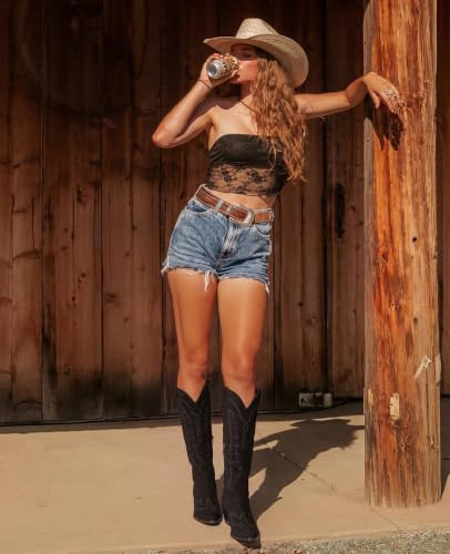 Image of Rivalran Cowboy Boots for Women - Knee High Pointed Toe Chunky Heel Pull On Zipper Western Cowgirl Boots, Retro Country Vintage Fashion Tall Boots