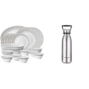 Classic Opalware Floral Dinner Set, 27-Pieces, White+Borosil - Stainless Steel Hydra Bolt with Handle - Vacuum Insulated Flask Water Bottle, 1.5L