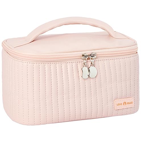 kamumanni Bolsa de maquiagem de viagem, estojo de cosméticos com suporte de pincel de maquiagem, bolsa organizadora de couro PU portátil para mulheres, rosa