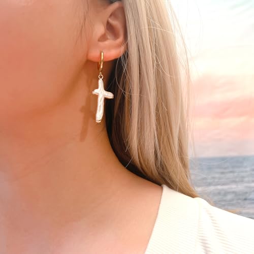 Pearl Cross Earrings for Women Freshwater Baroque Real Pearl Cross Earrings Gold Christian Gift3