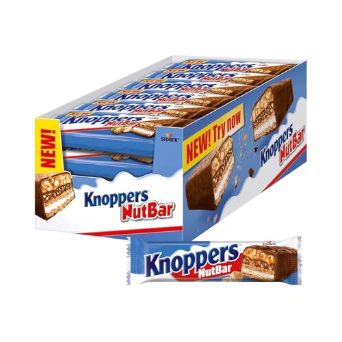 Knoppers Nutbar - Barrita de chocolate y barquillo con crema de leche y avellanas, avellanas picadas y caramelo suave – Pack 24 x 40g – Snack Dulce – Para Desayuno y Merienda – Apta para Vegetarianos