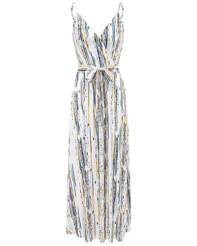 Image of OUGES Womens Summer Maxi Dress V Neck Floral Adjustable Spaghetti Strap Beach Dresses with Pockets