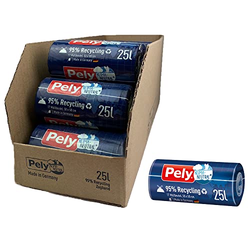 Pely Zugband Müllbeutel aus 95% Recyclingmaterial 25 Liter - klimaneutralisiert durch Kompensation, Vorteilspack (17 x 17 Stück), für die Entsorgung Cover