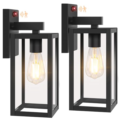 BesLowe 13" Upgraded Motion Sensor Outdoor Wall Lights, 2-Pack Dusk to Dawn Porch Light Outdoor Wall Sconce Lanterns, 3 Lighting Modes Exterior Lighting Fixtures, Black Outside Lights for House Garage