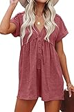 ReachMe Womens Short Sleeve Summer Rompers Casual Loose Fit V Neck Jumpsuits Sexy Belted Short Romper jumpers(01 Burgundy,S)