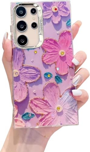 Image of Elzzi Compatible with Samsung S25 Ultra 5G Case Laser Flower Oil Painting Cute Colorful Blue Ray Bumper with Full Camera Protection Shockproof PC+TPU Glossy Shiny Cover for Girls Women,Pink & Purple