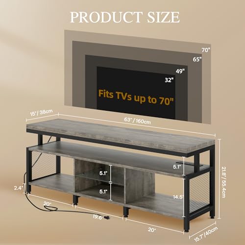 DWVO Living Room TV Stands for 70/65 inch TV LED Entertainment Center with Storage, Modern Television Stand, Industrial Media Console Cabinet with Power Outlets, Grey