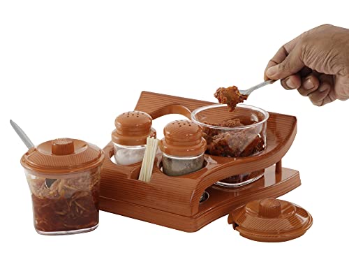 Image of Nabhya Complete Dining Table Set of Pickle Jars, Salt and Pepper Dispenser, Toothpick Holder and Spoon Holder(Wooden Look Design, Plastic) (Hi-Choice)