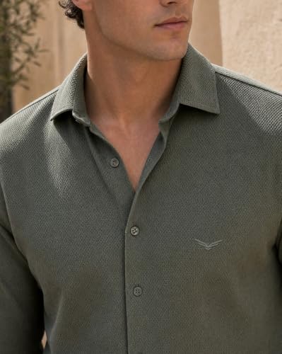 Image of Nobero Textured Popcorn Shirt for Men | Cotton Shirts for Men in 280 GSM Popcorn Knit | Stand Collar | Regular Fit | Full Sleeve