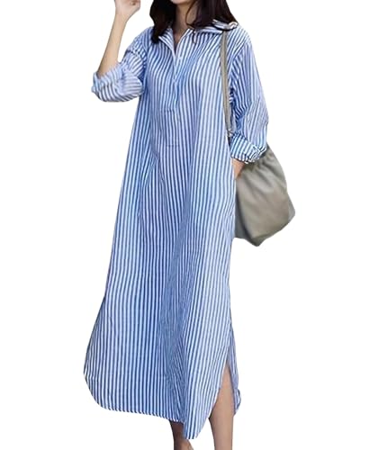 Robe chemise rayée à manches longues coupe ample et col en V pour femme