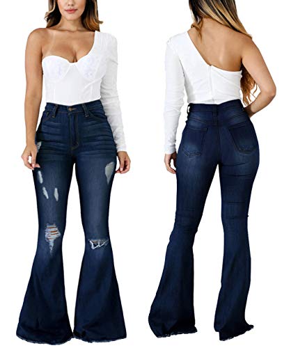 SeNight Women Bell Bottom Jeans Elastic Waist Ripped Flared Jean Destroyed Raw Hem Denim Pants4