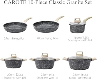 Carote Nonstick Granite Cookware Sets 8 Pcs Stone Cookware Set,non stick frying pan set, pots and pans set (Granite, induction cookware)
