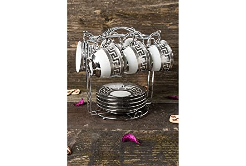 Bavary Set di tazze da caffè in porcellana, per 6 persone, 13 pezzi, per latte e cappuccino, supporto in metallo, Medusa Mäander Versac Style, 6 tazze + 6 piattini