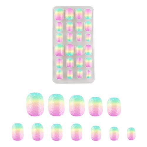 24 Pcs Rainbow Kids Press On Nails Pre-Glue Children False Nails Short Oval Full Cover Artificial Fake Nails Gradient Glitter Acrylic Nail Tips For Little Girls Gift (Rainbow Pink) #TOP4