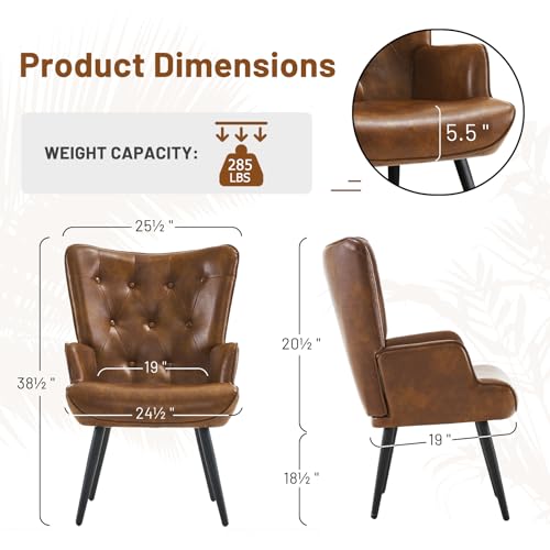 Furniliving PU Leather Accent Chair for Living Room, Upholstered Reading Chair with High Backrest, Tufted-Button Wingback Armchair for Bedroom, Dressing Room, Home Office, Brown, Set of 2